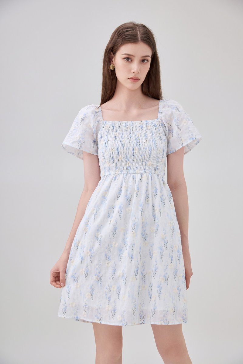 Renata Embroidery Smocked Floral Dress In Blue