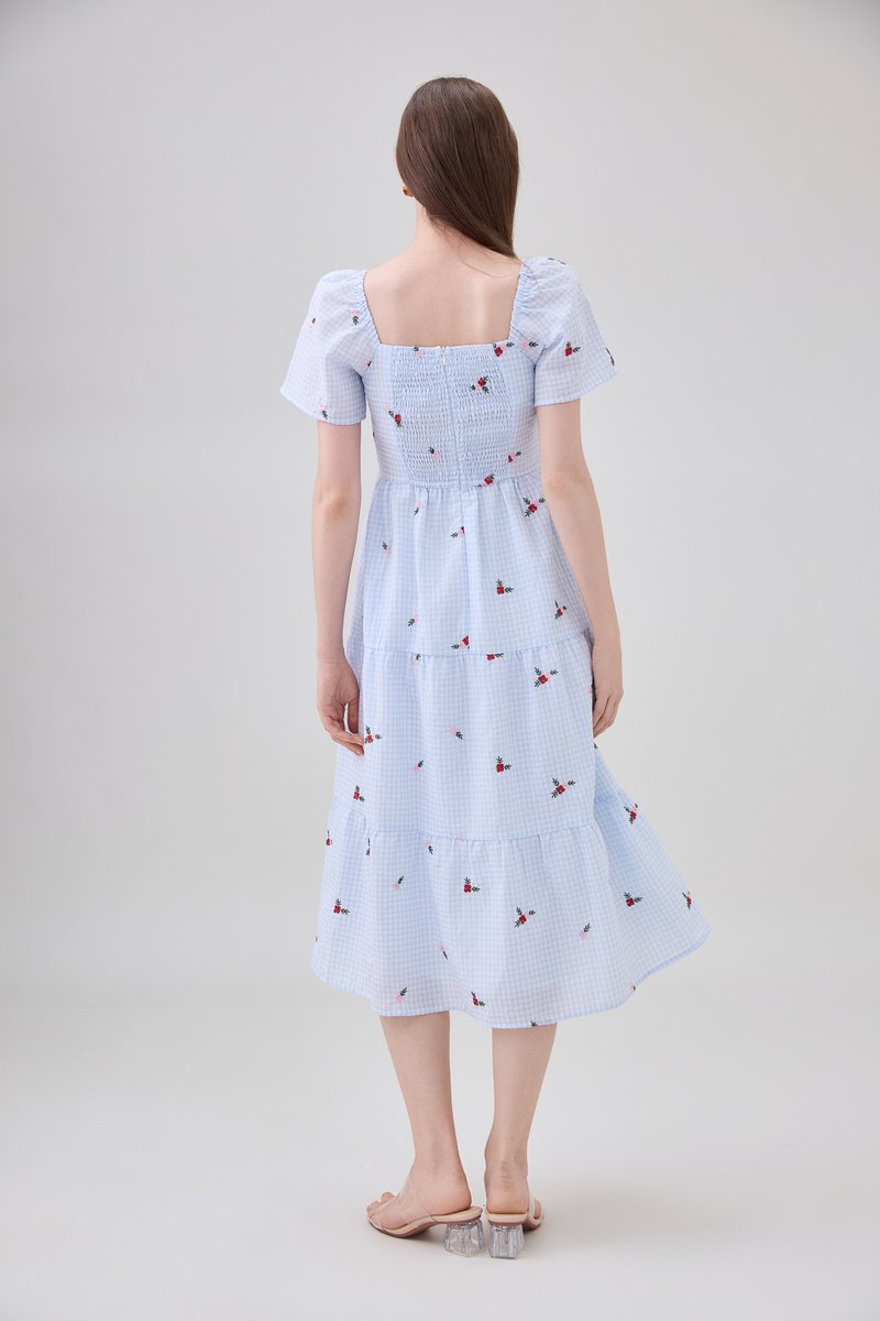 Galilea Gingham Embroidery Tiered Midi Dress