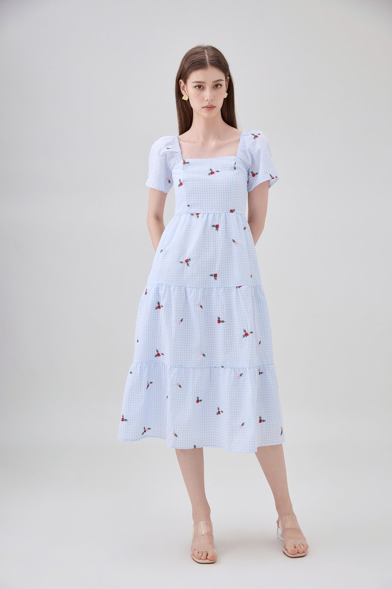 Galilea Gingham Embroidery Tiered Midi Dress
