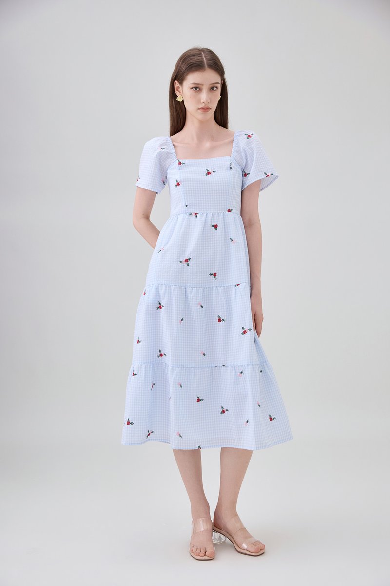 Galilea Gingham Embroidery Tiered Midi Dress