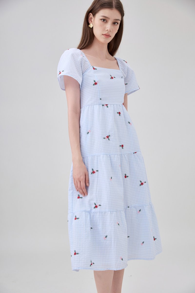 Galilea Gingham Embroidery Tiered Midi Dress