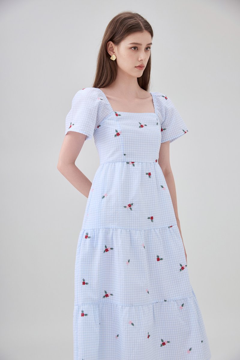 Galilea Gingham Embroidery Tiered Midi Dress