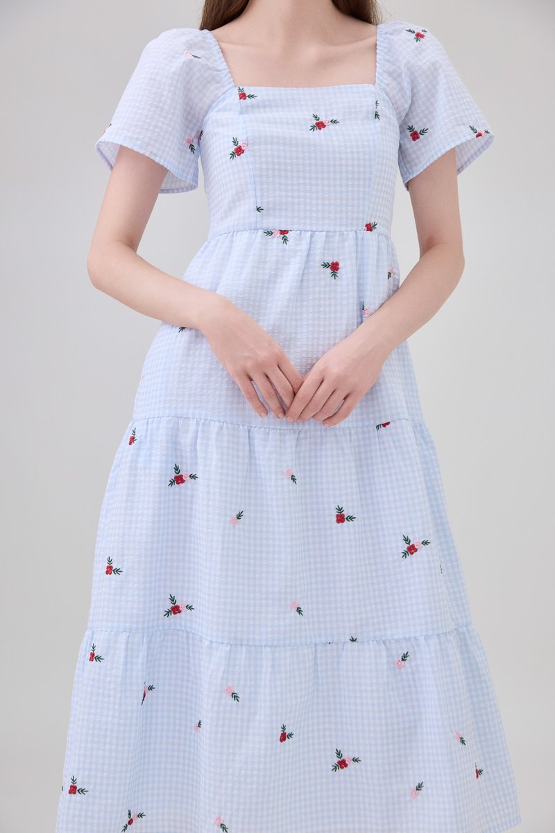 Galilea Gingham Embroidery Tiered Midi Dress