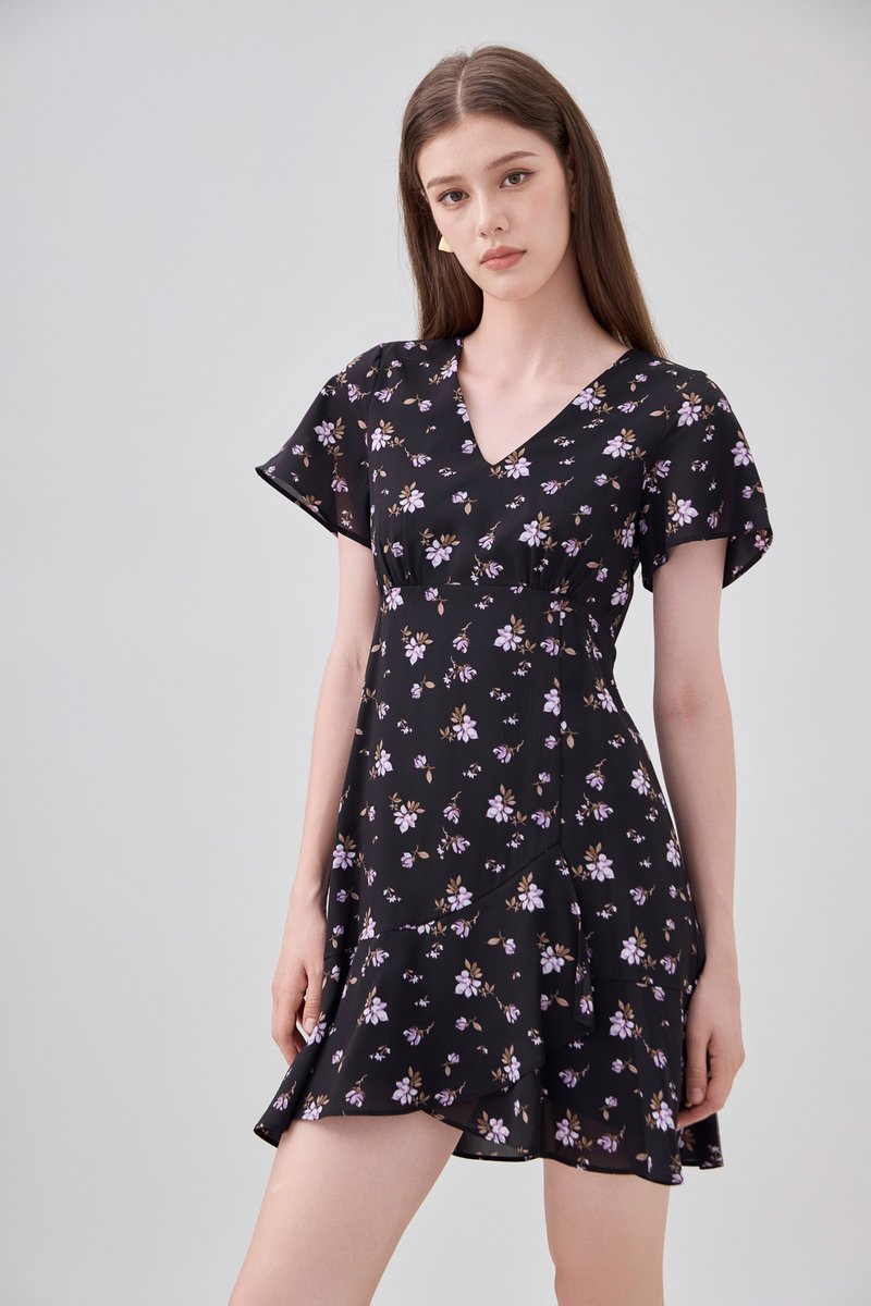 Aubrey Floral Ruffle Hem Dress In Black