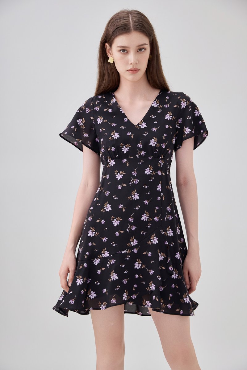 Aubrey Floral Ruffle Hem Dress In Black