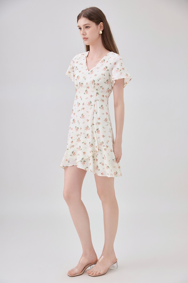 Aubrey Floral Ruffle Hem Dress In Cream