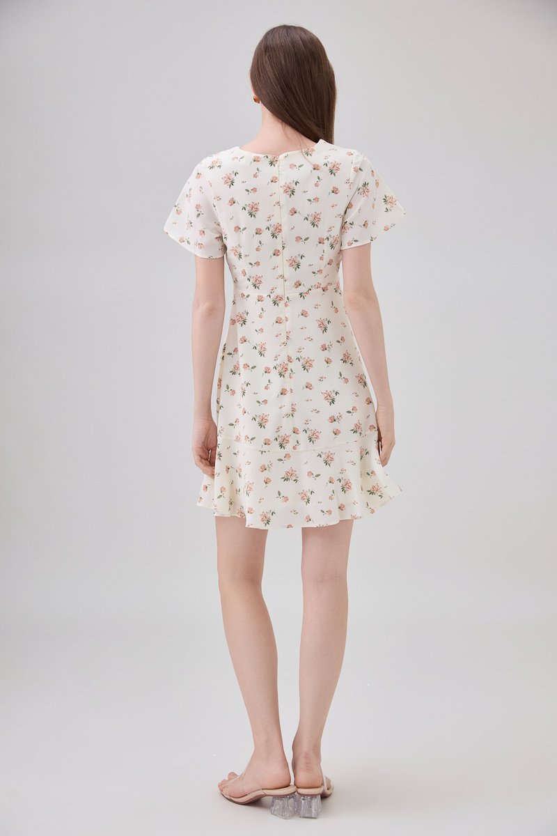 Aubrey Floral Ruffle Hem Dress In Cream