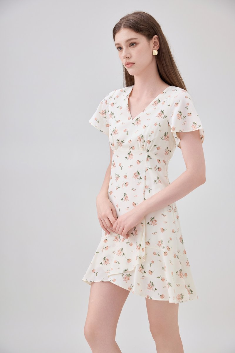 Aubrey Floral Ruffle Hem Dress In Cream