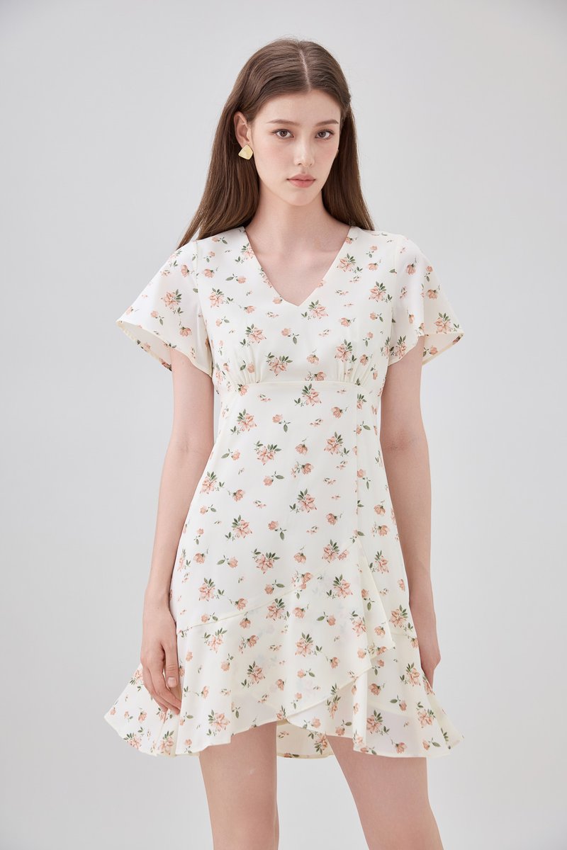 Aubrey Floral Ruffle Hem Dress In Cream