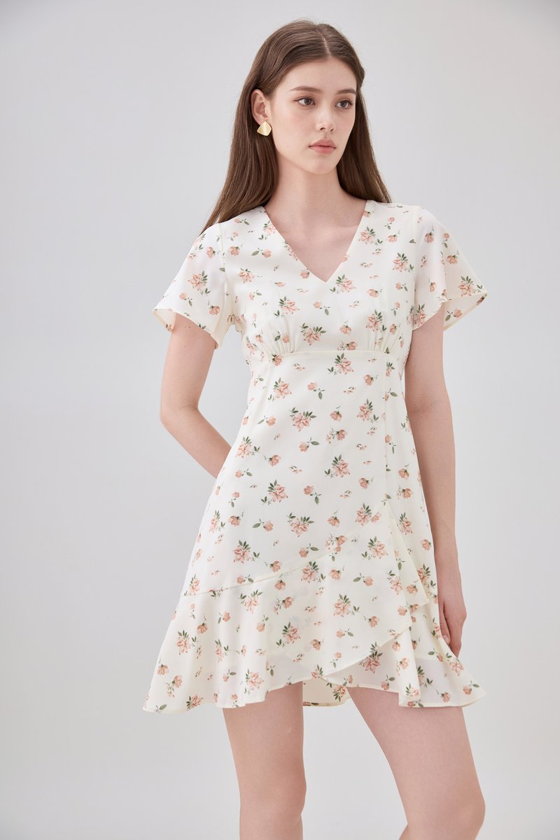 Aubrey Floral Ruffle Hem Dress In Cream