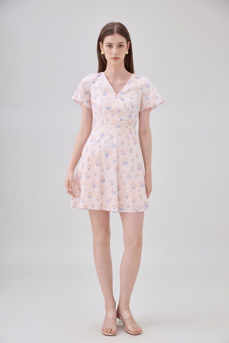 Gracelynn Printed Faux Wrap Floral Dress In Pink