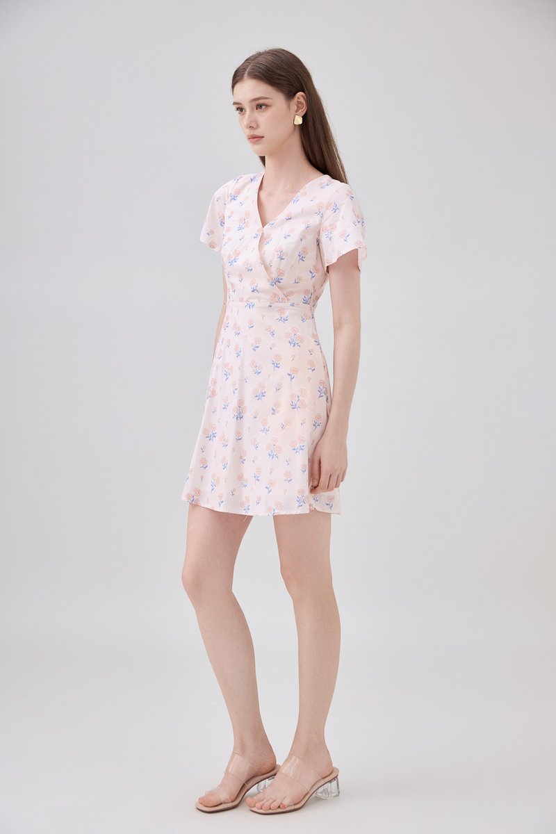 Gracelynn Printed Faux Wrap Floral Dress In Pink