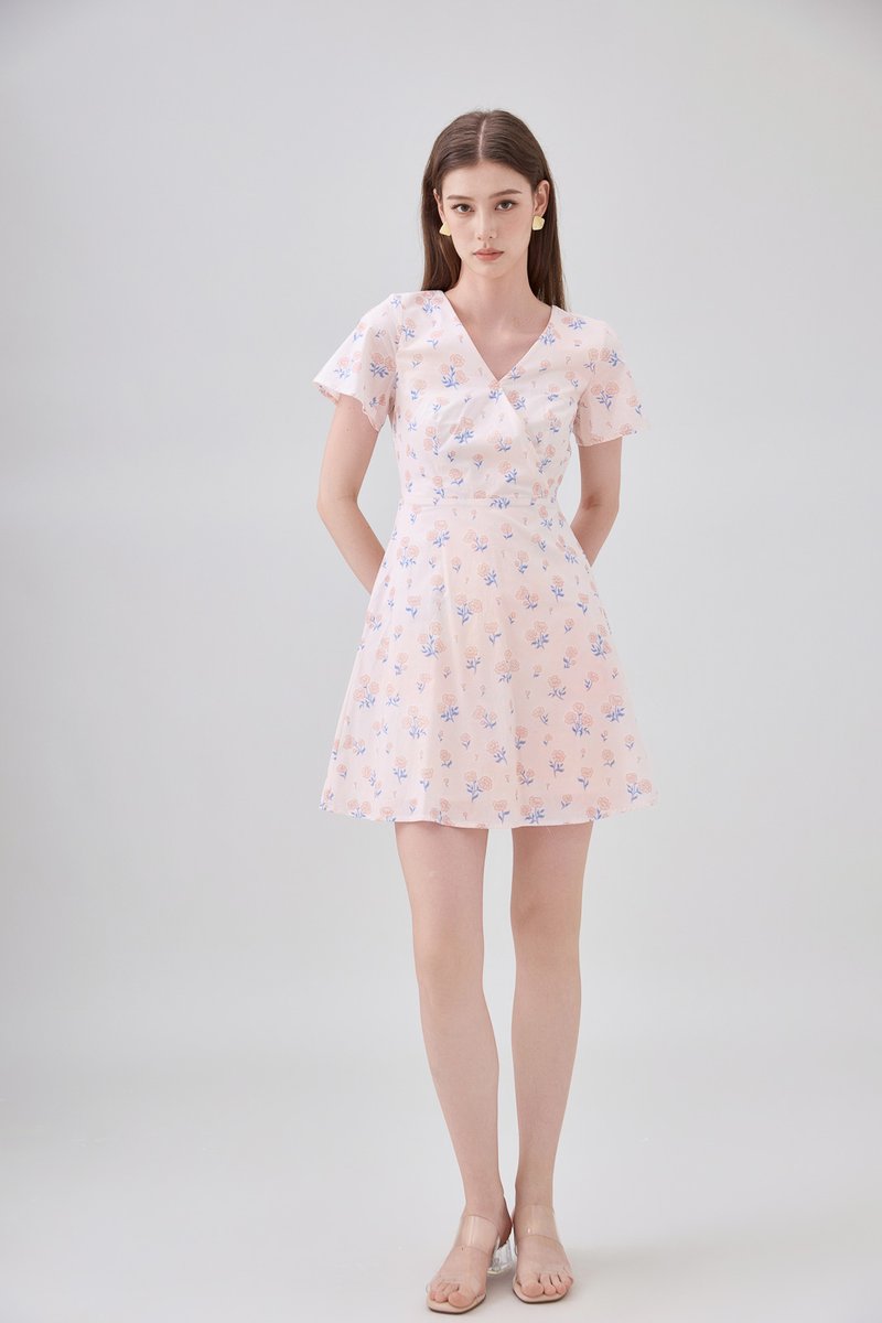 Gracelynn Printed Faux Wrap Floral Dress In Pink