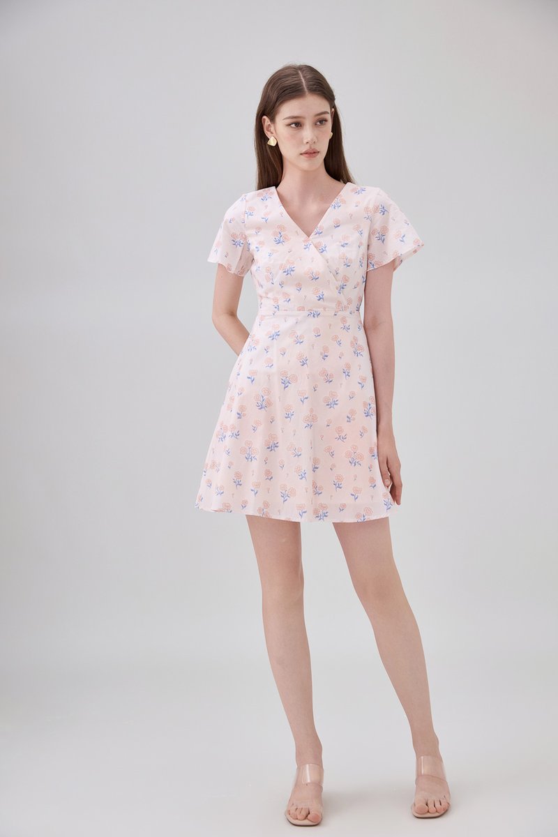 Gracelynn Printed Faux Wrap Floral Dress In Pink