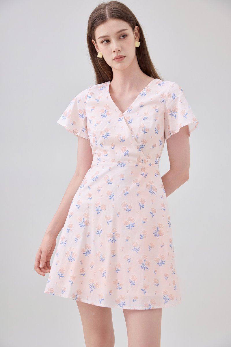 Gracelynn Printed Faux Wrap Floral Dress In Pink