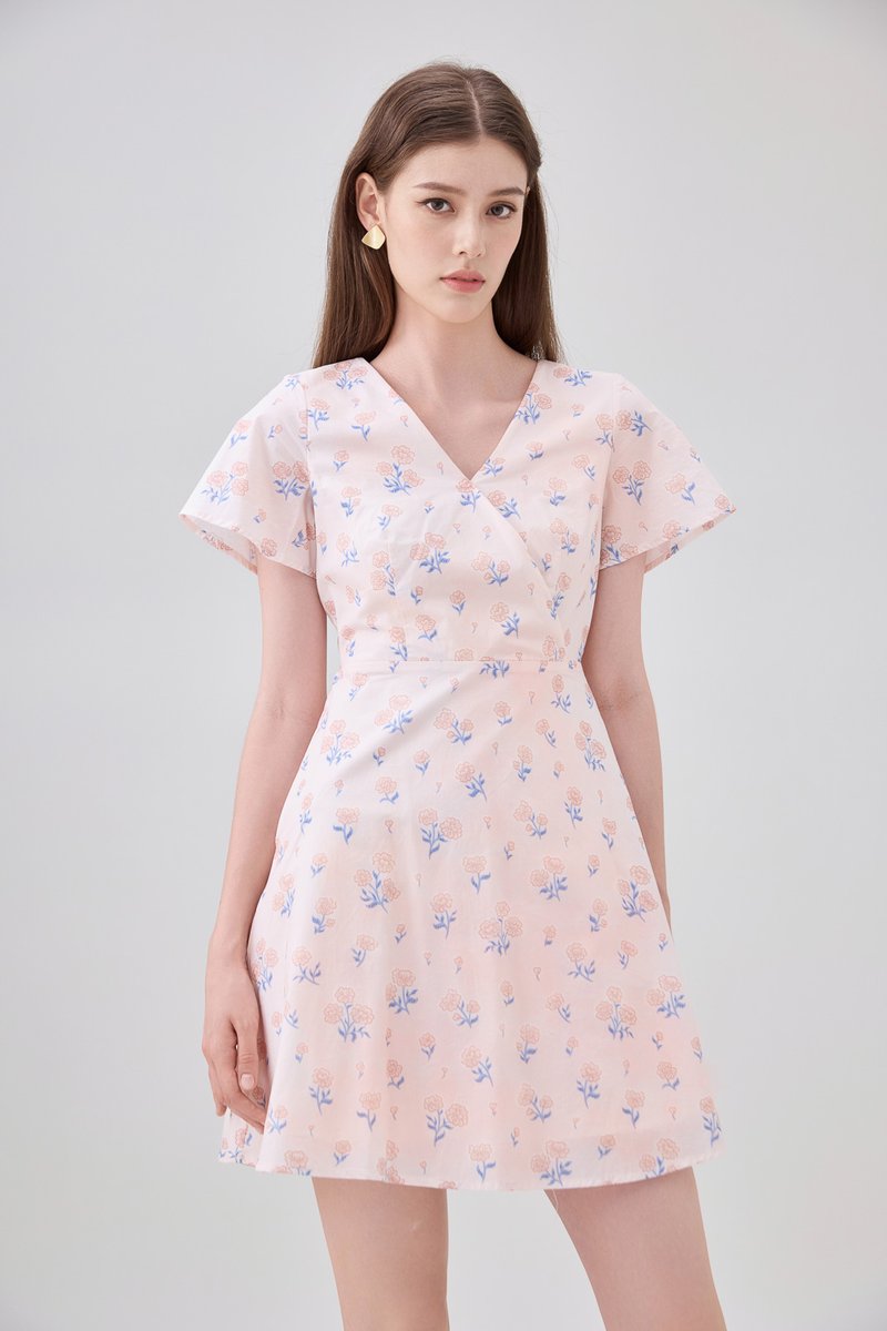 Gracelynn Printed Faux Wrap Floral Dress In Pink