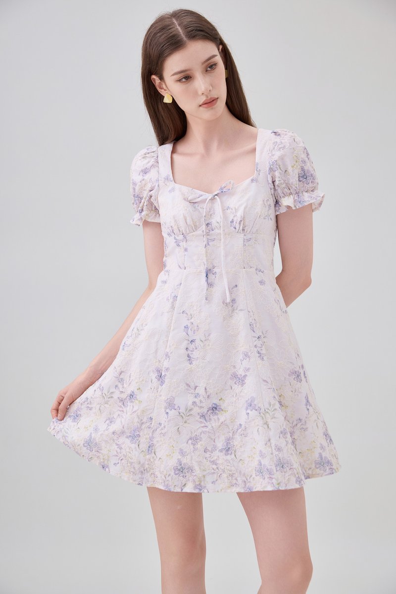 Elle Embroidery Floral Dress In Lilac