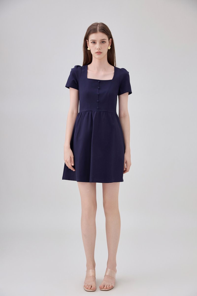 Noa Button Cotton Dress In Navy