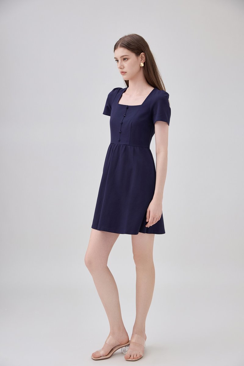Noa Button Cotton Dress In Navy