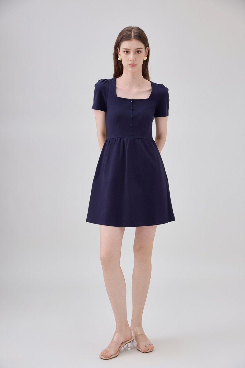 Noa Button Cotton Dress In Navy