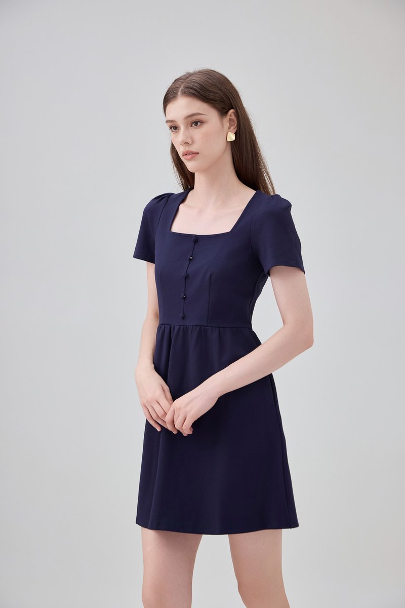 Noa Button Cotton Dress In Navy
