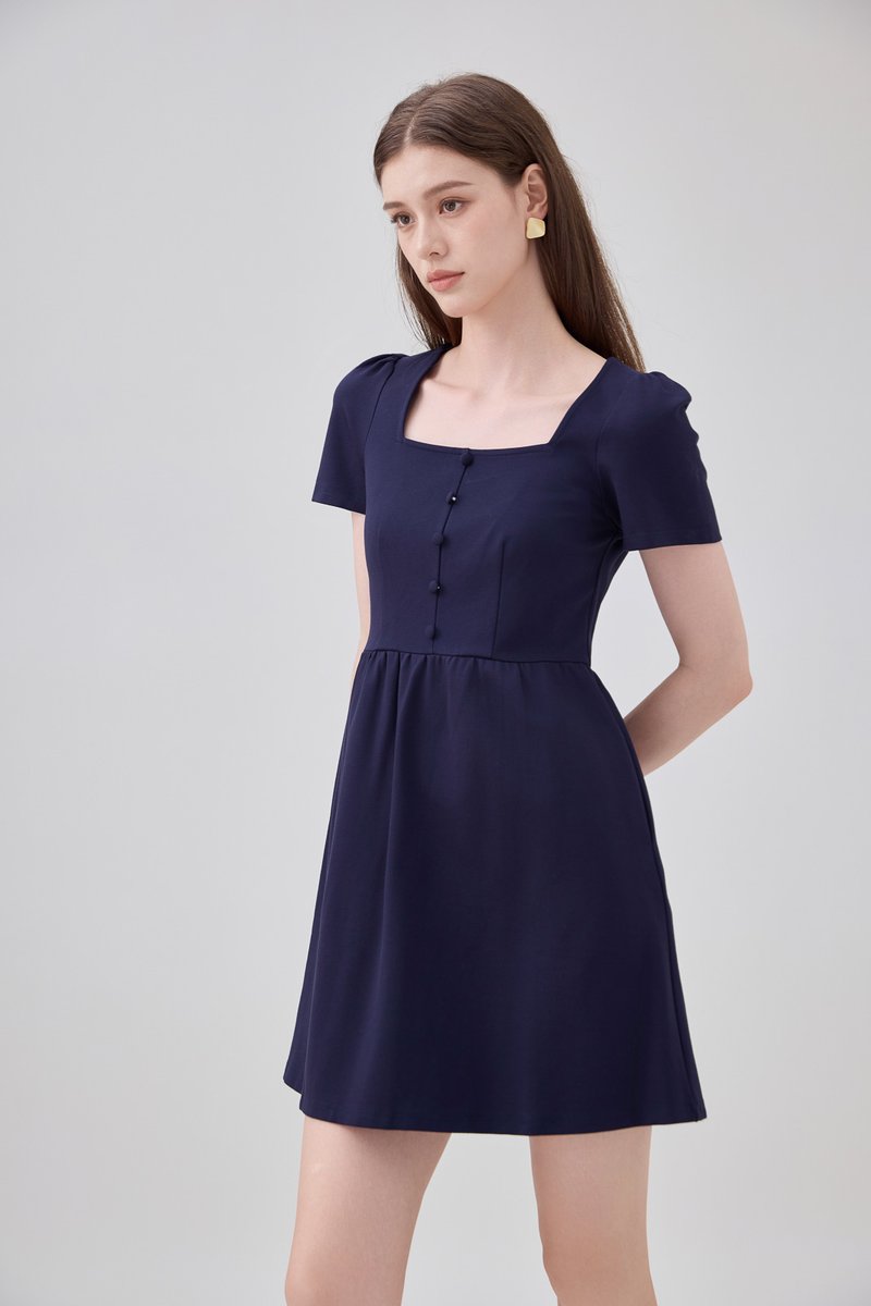 Noa Button Cotton Dress In Navy