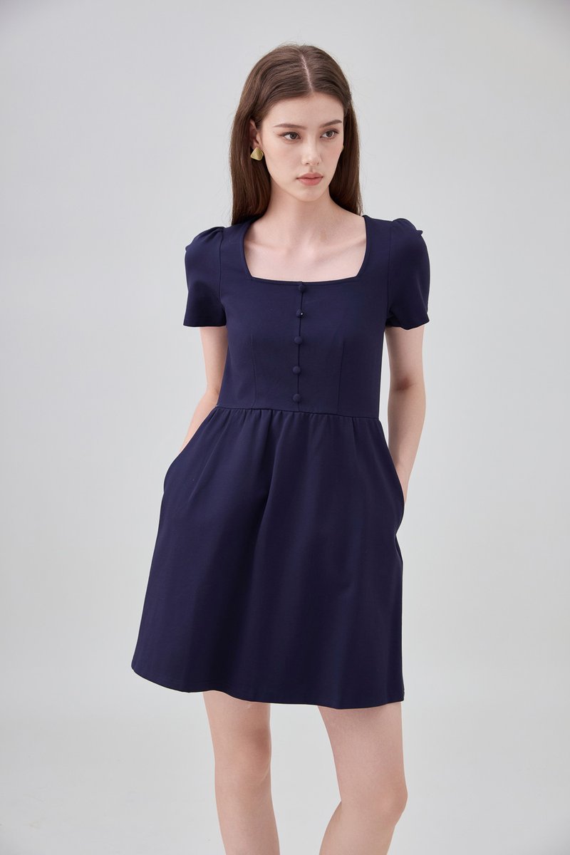 Noa Button Cotton Dress In Navy