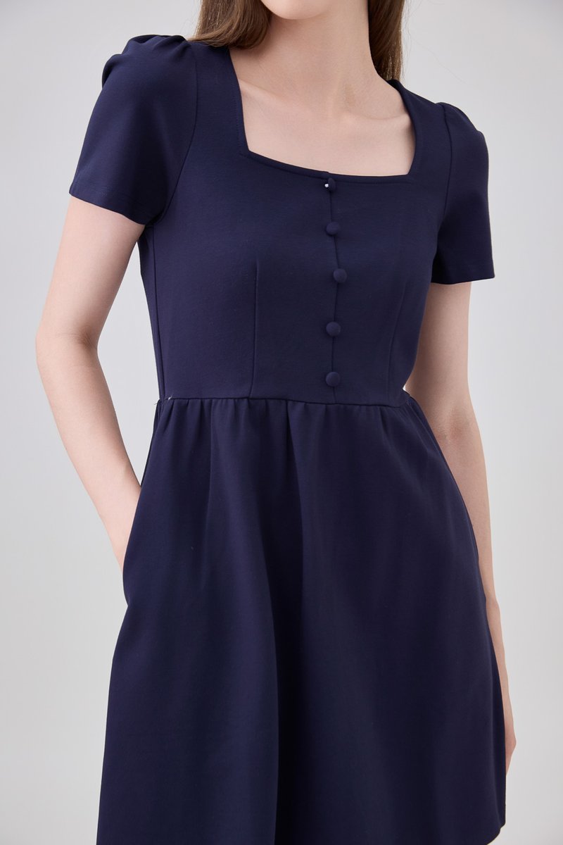 Noa Button Cotton Dress In Navy