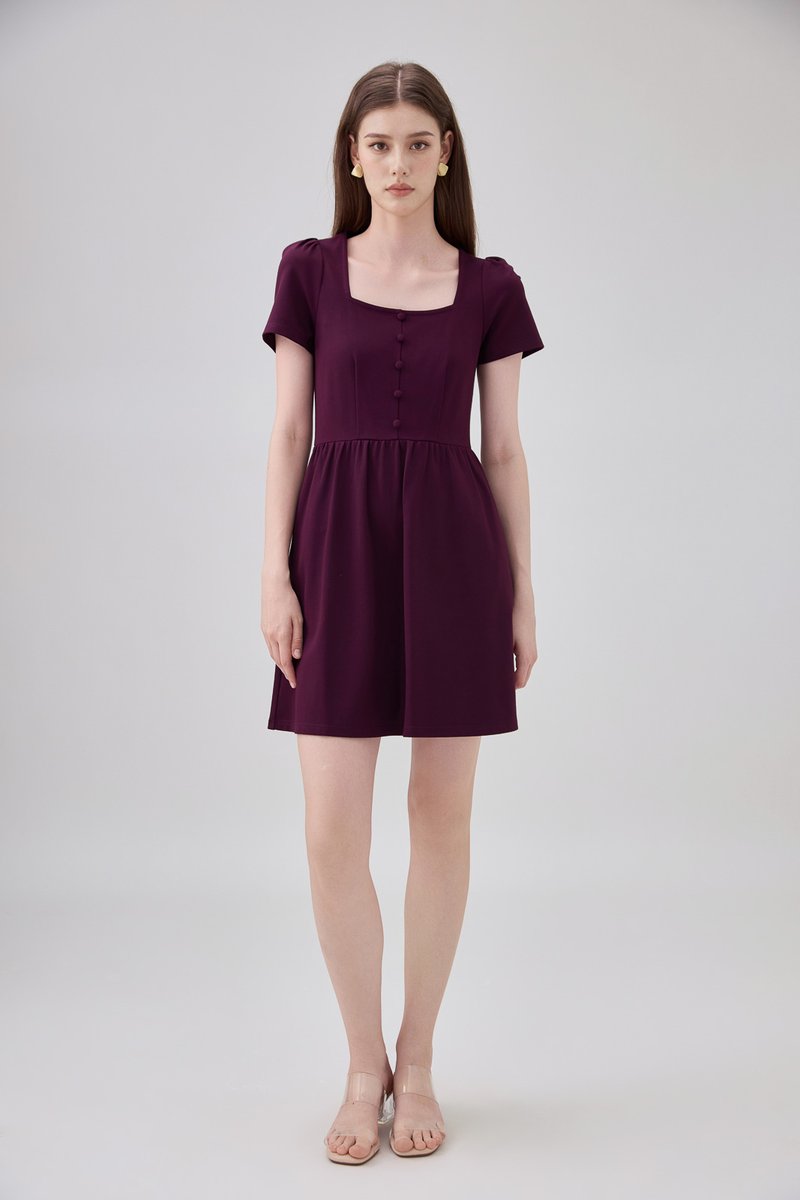 Noa Button Cotton Dress In Deep Plum