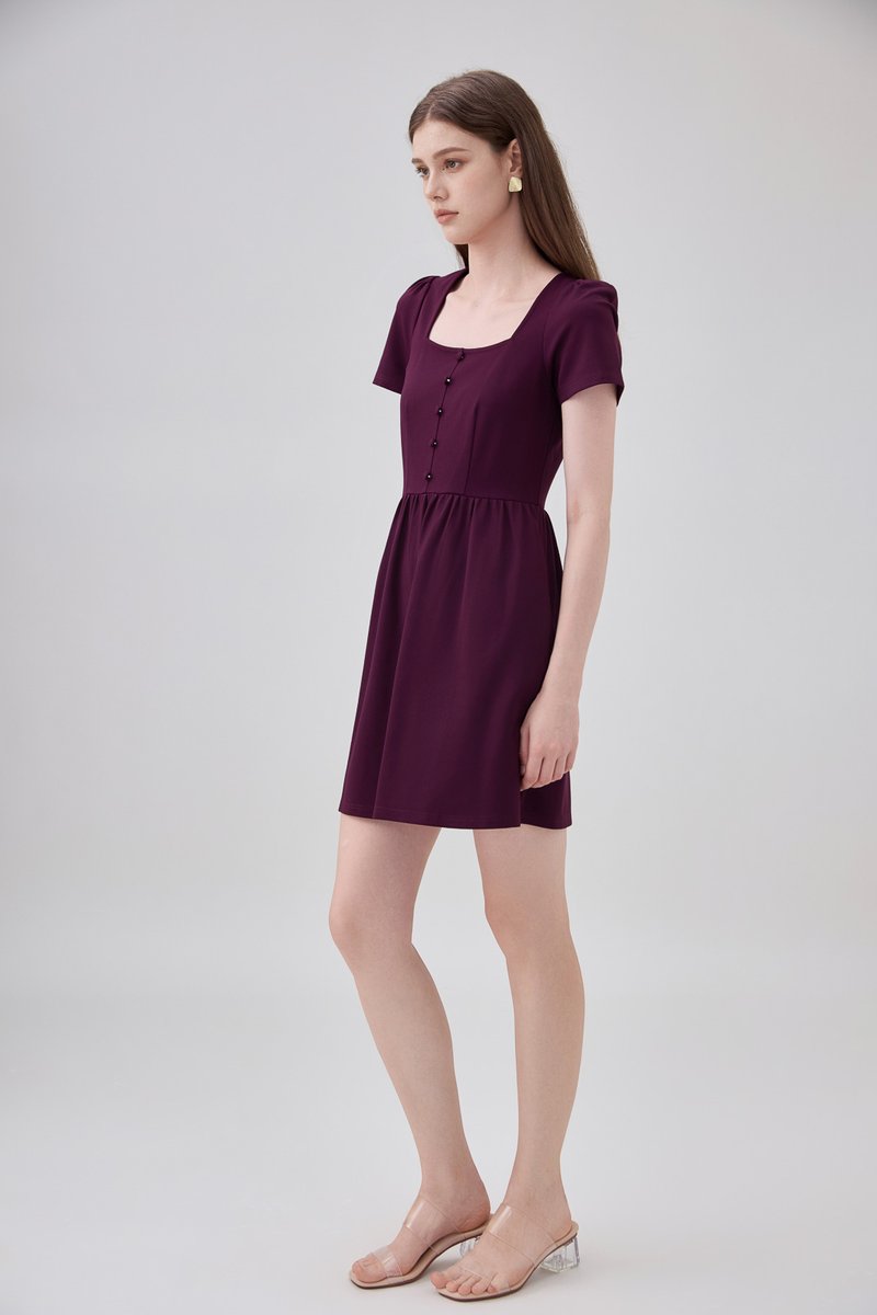 Noa Button Cotton Dress In Deep Plum