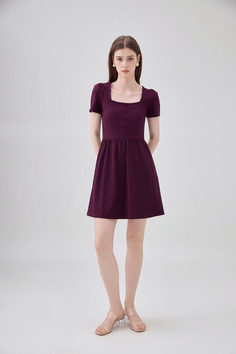 Noa Button Cotton Dress In Deep Plum