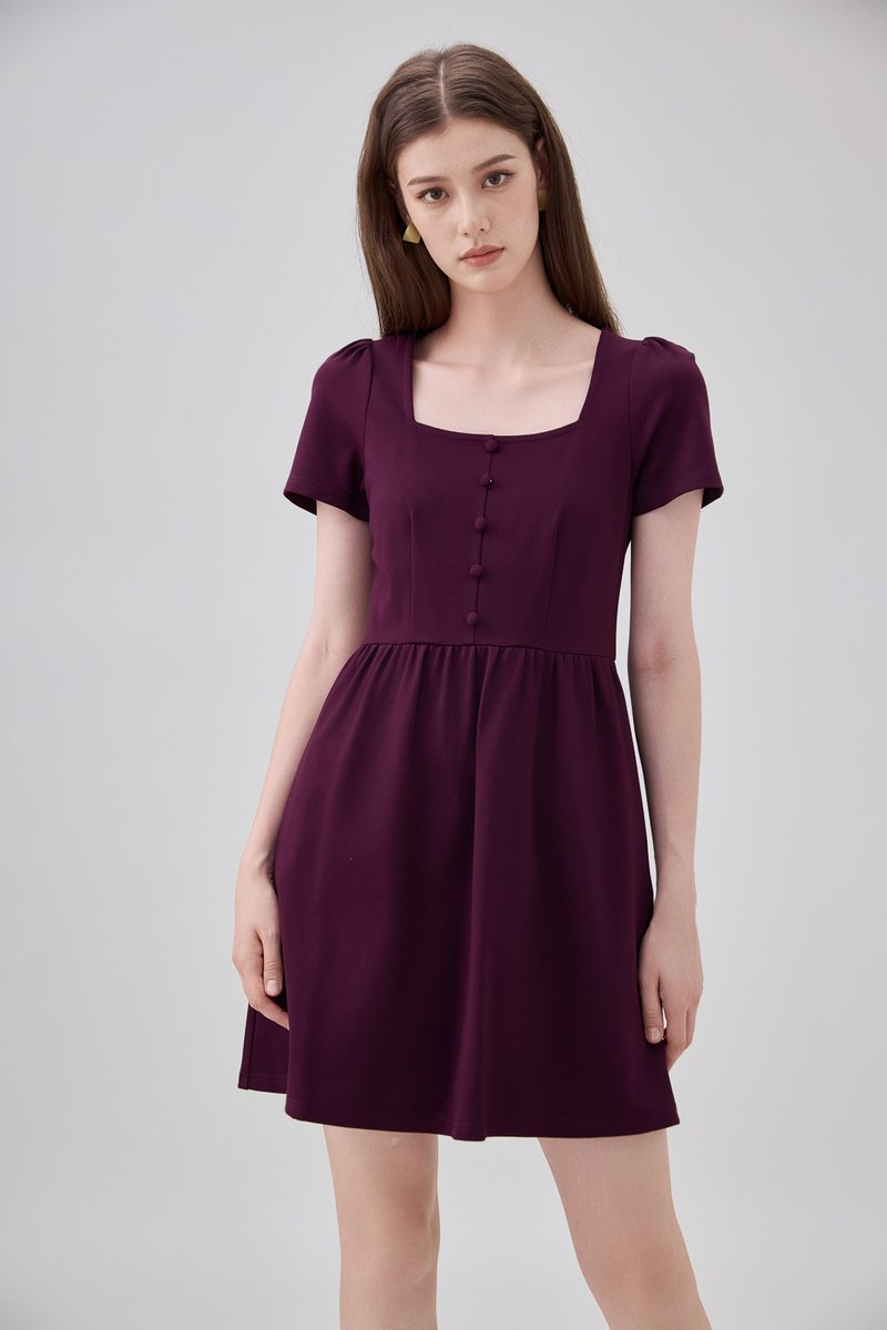 Noa Button Cotton Dress In Deep Plum