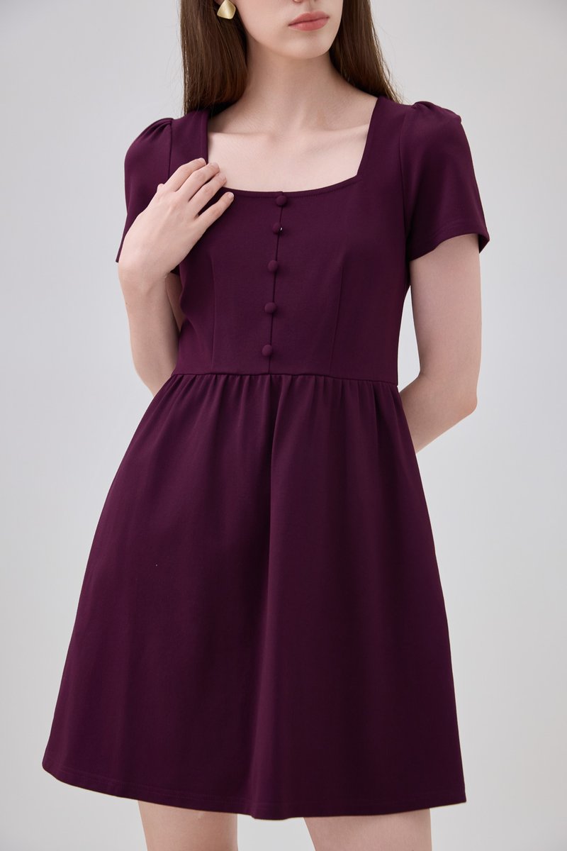 Noa Button Cotton Dress In Deep Plum