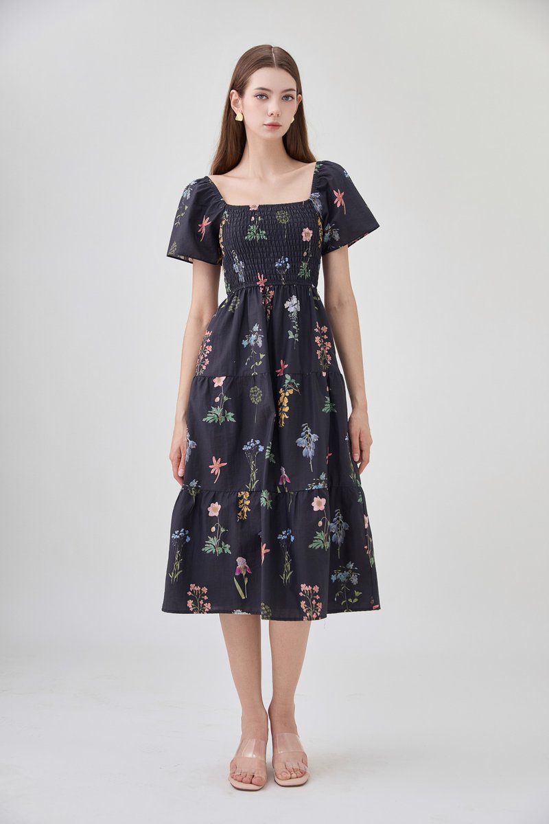 Chaya Botanical Garden Smocked Midi Dress In Black