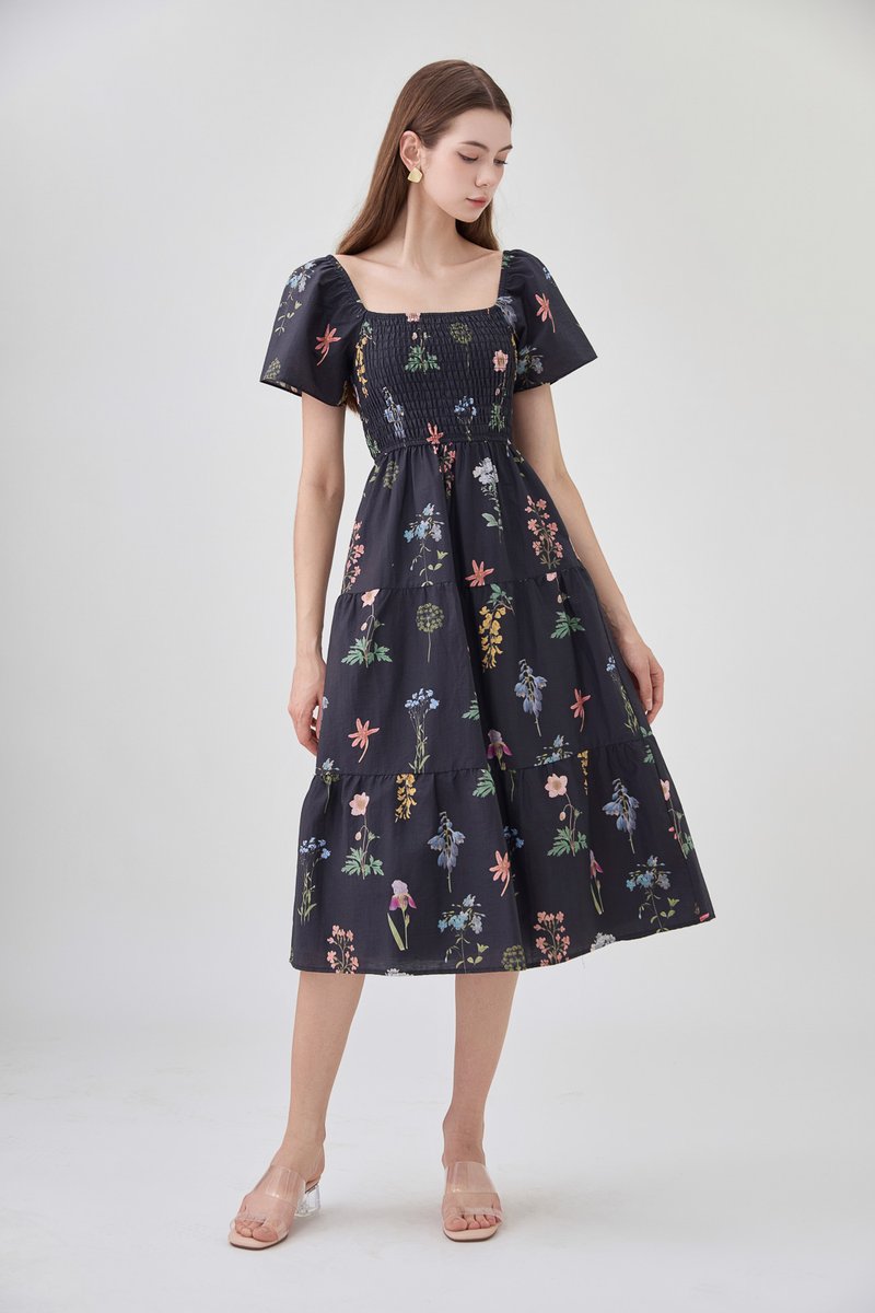 Chaya Botanical Garden Smocked Midi Dress In Black