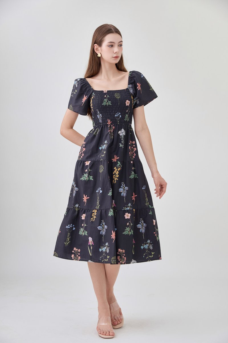 Chaya Botanical Garden Smocked Midi Dress In Black