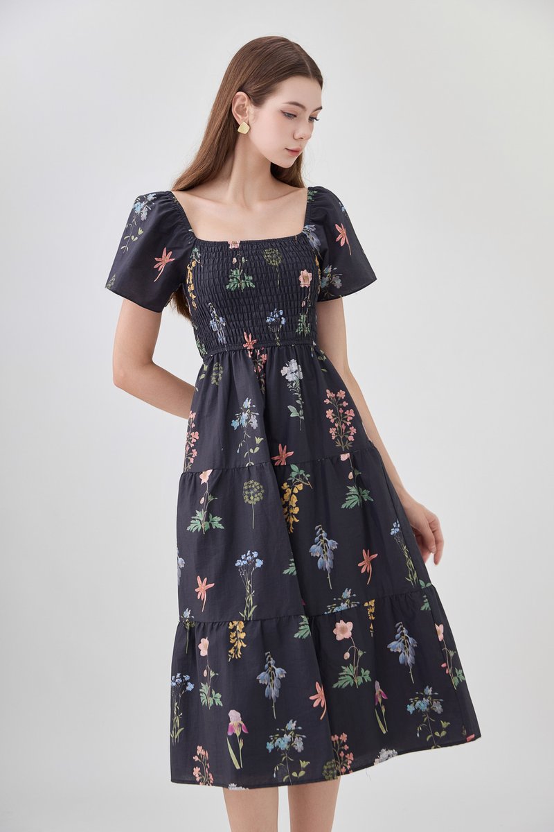Chaya Botanical Garden Smocked Midi Dress In Black