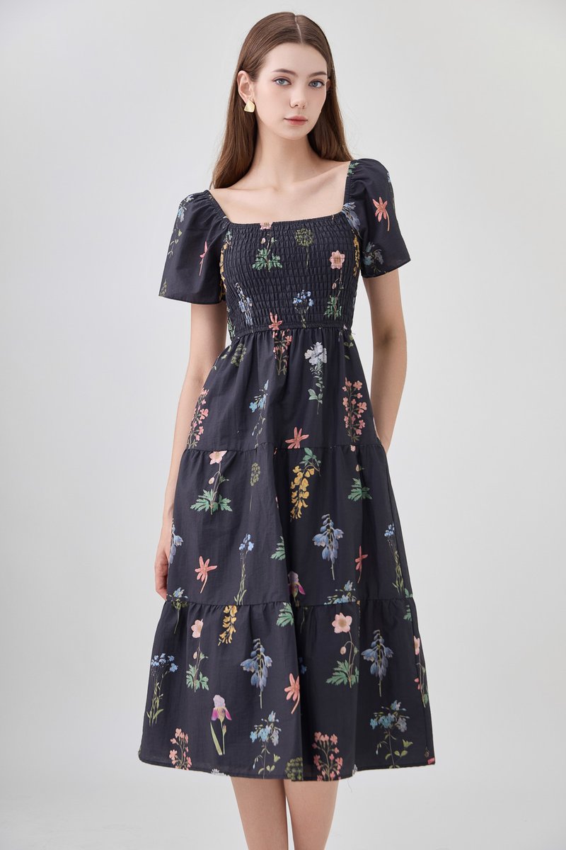 Chaya Botanical Garden Smocked Midi Dress In Black
