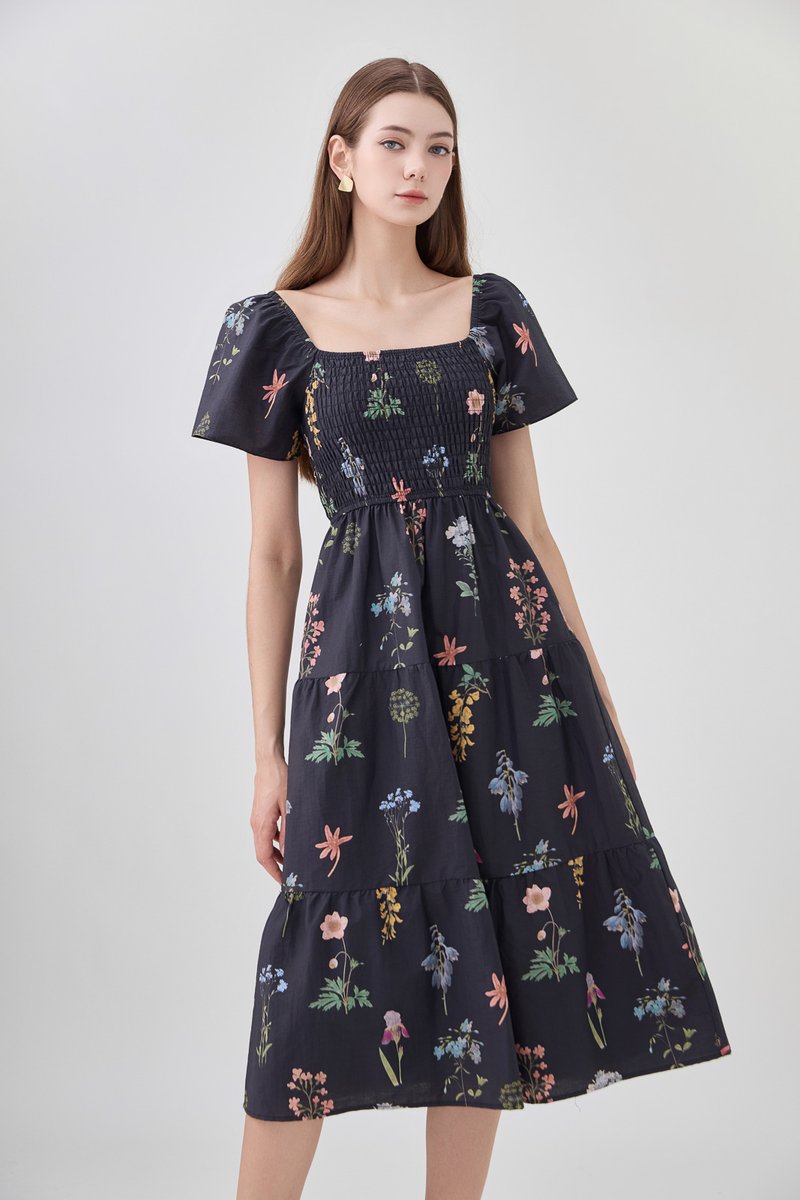 Chaya Botanical Garden Smocked Midi Dress In Black