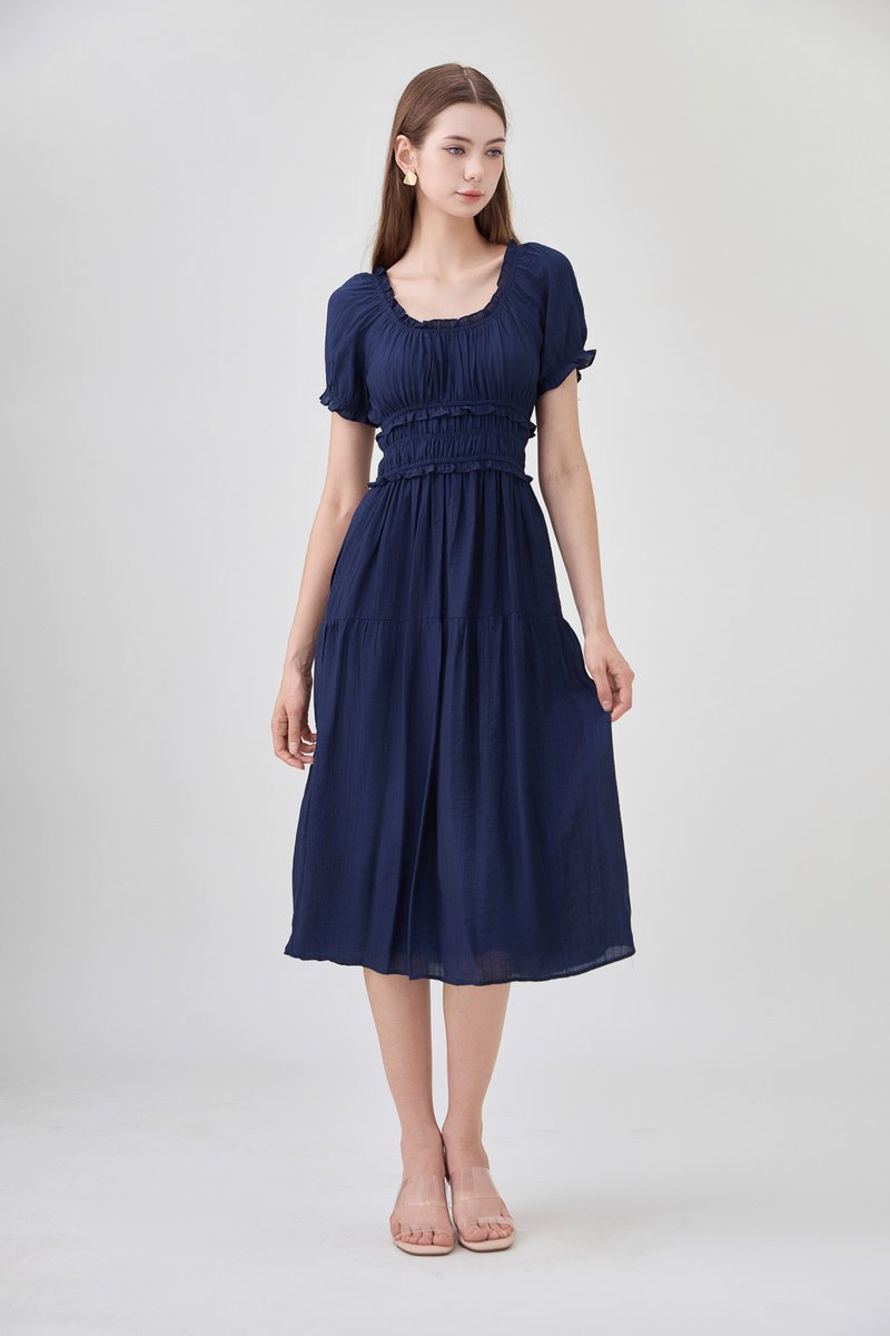 Gabriella Smocked Midi Dress In Navy