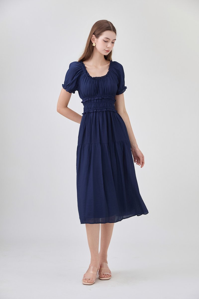 Gabriella Smocked Midi Dress In Navy