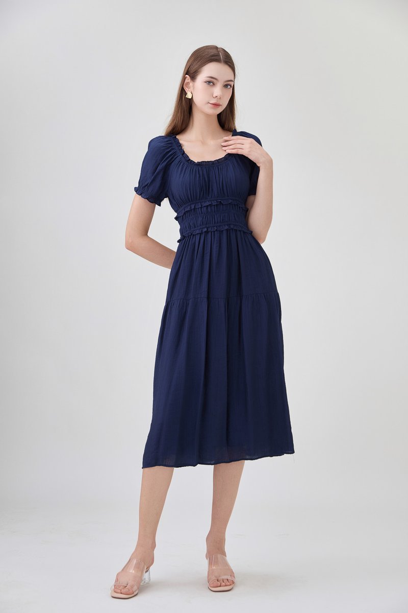 Gabriella Smocked Midi Dress In Navy