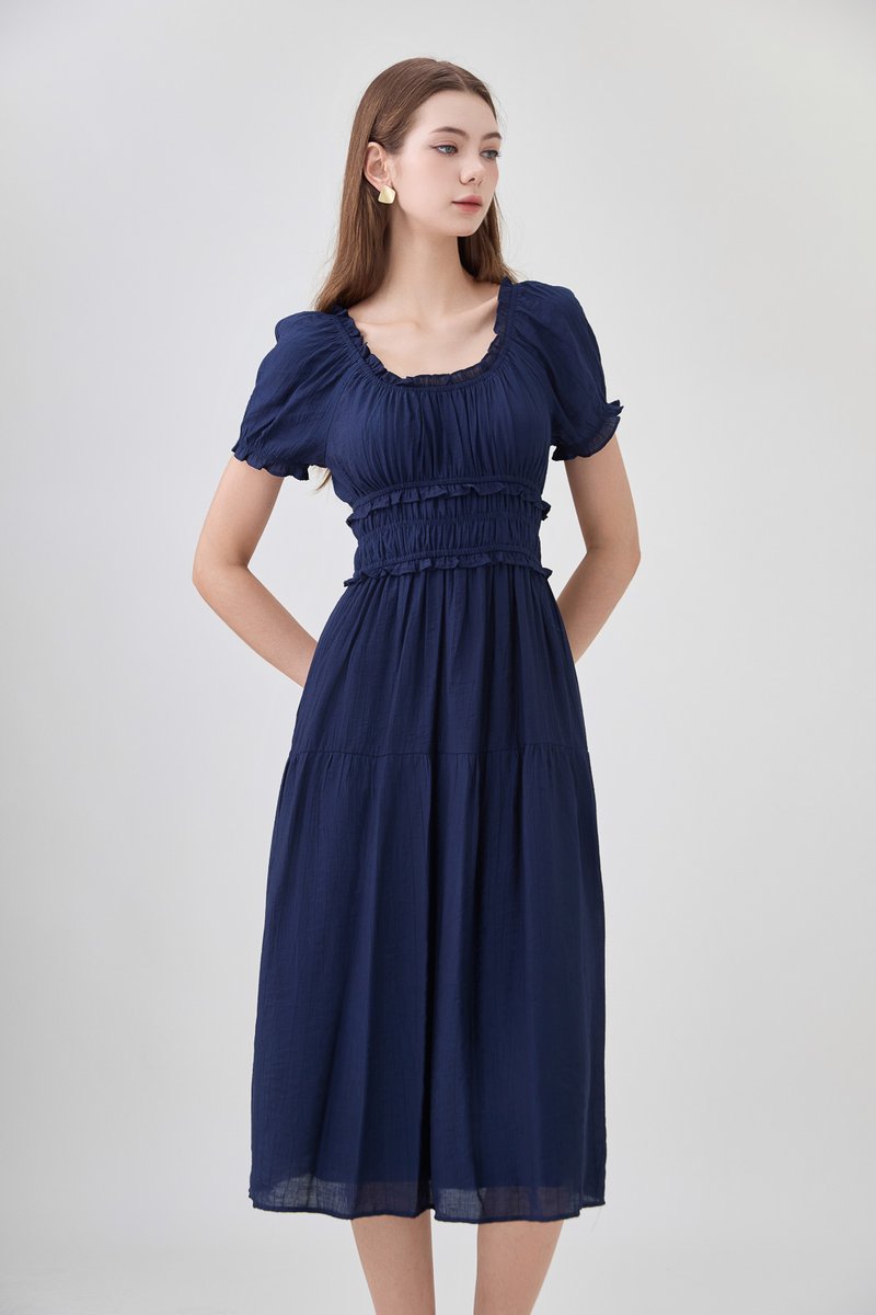 Gabriella Smocked Midi Dress In Navy