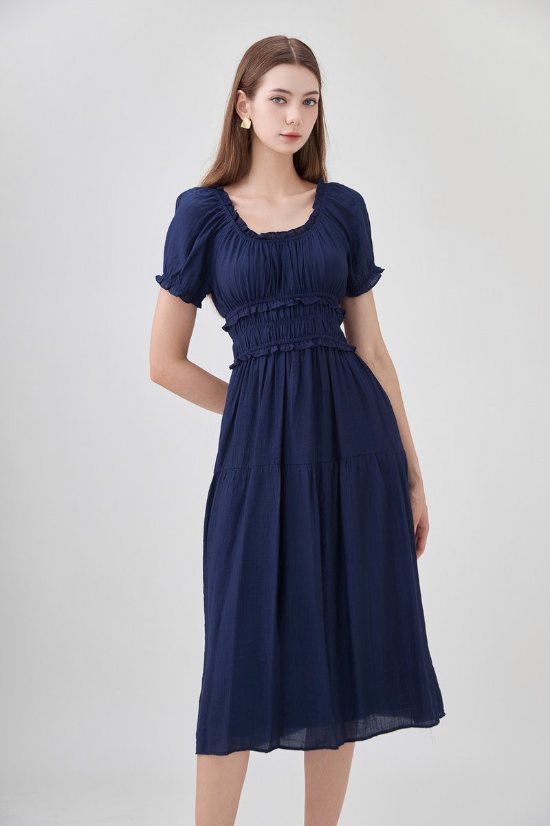 Gabriella Smocked Midi Dress In Navy