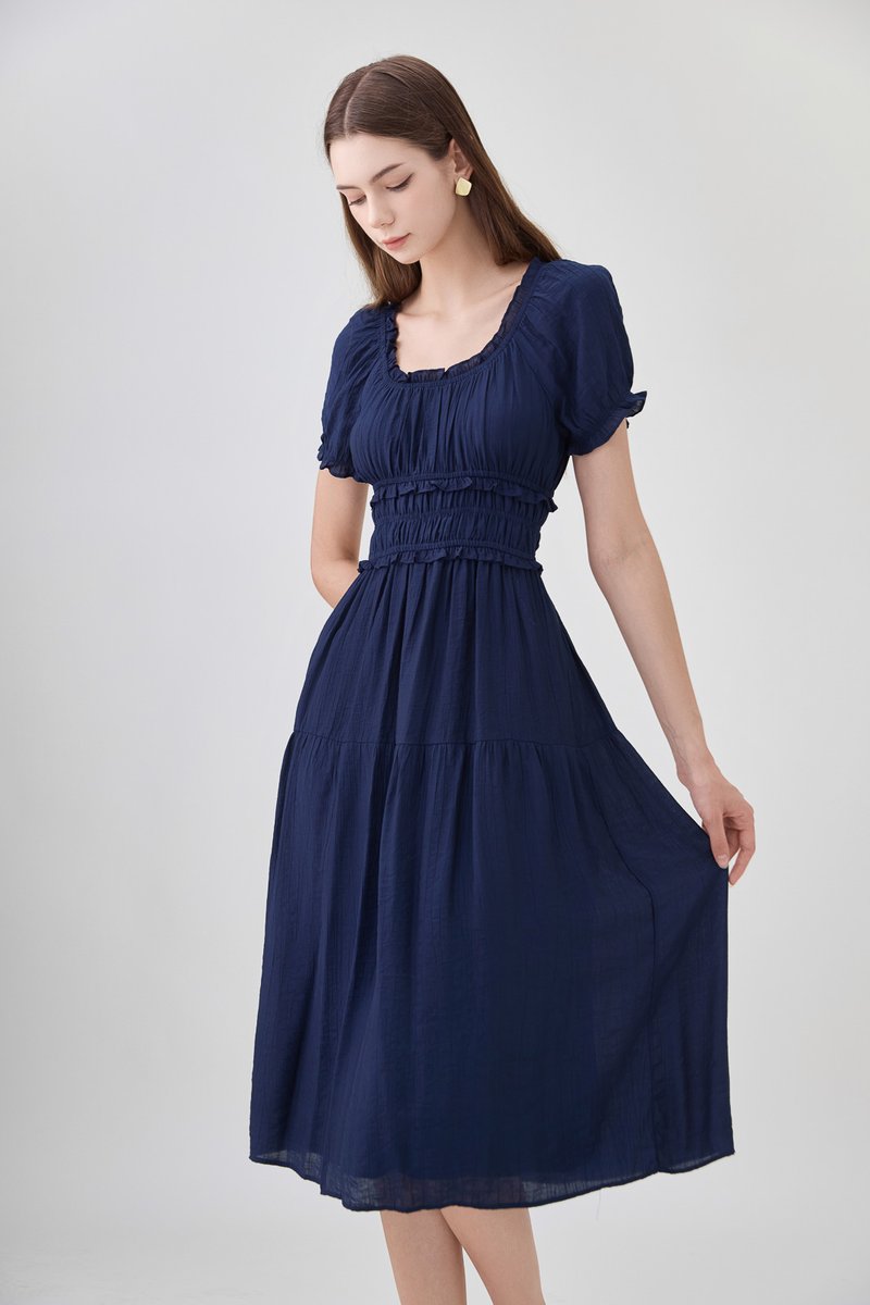 Gabriella Smocked Midi Dress In Navy