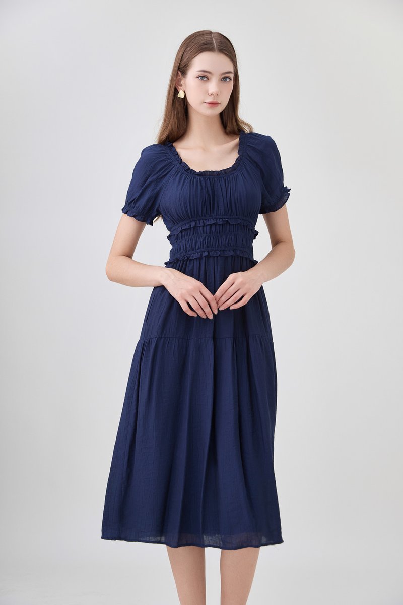 Gabriella Smocked Midi Dress In Navy