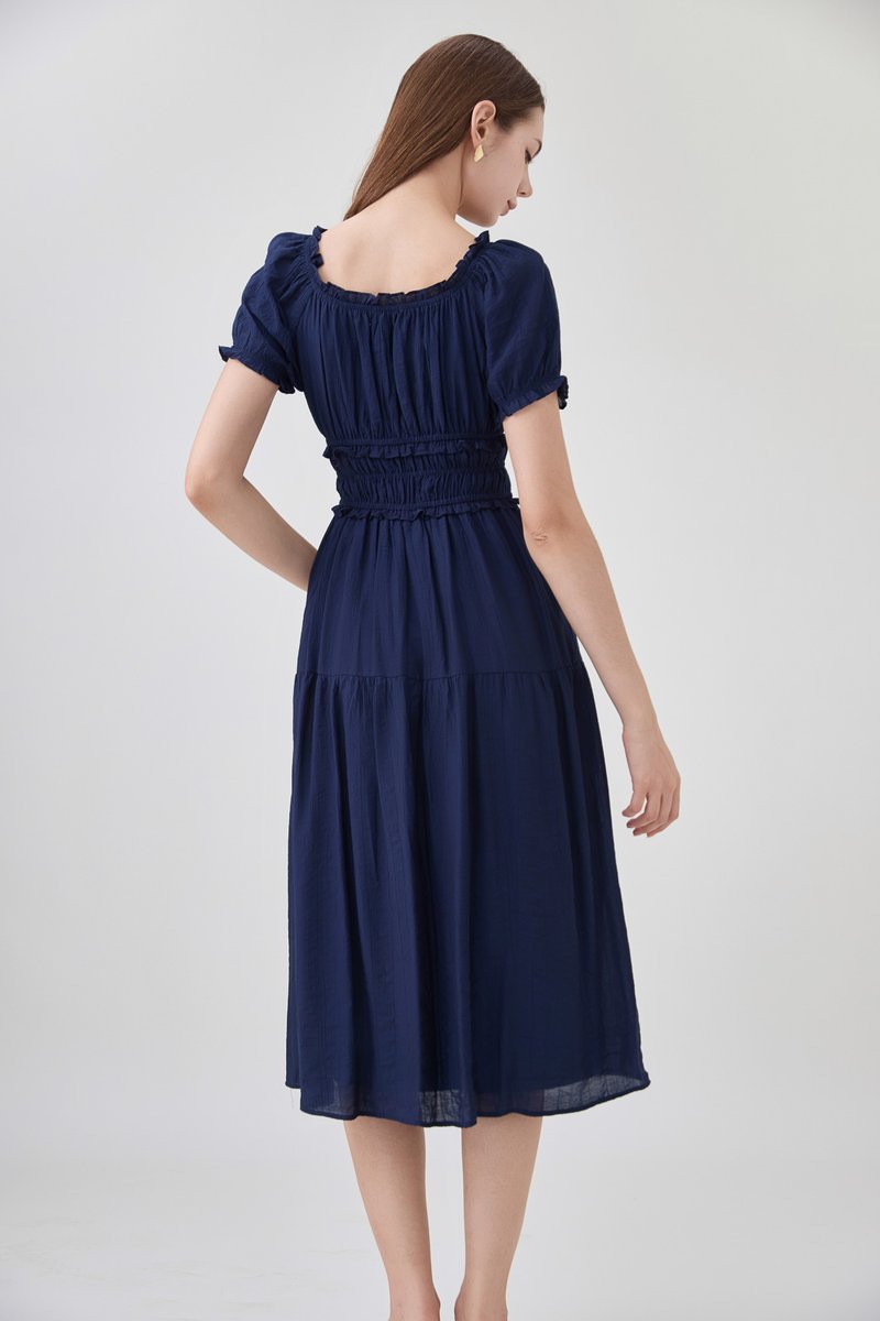 Gabriella Smocked Midi Dress In Navy