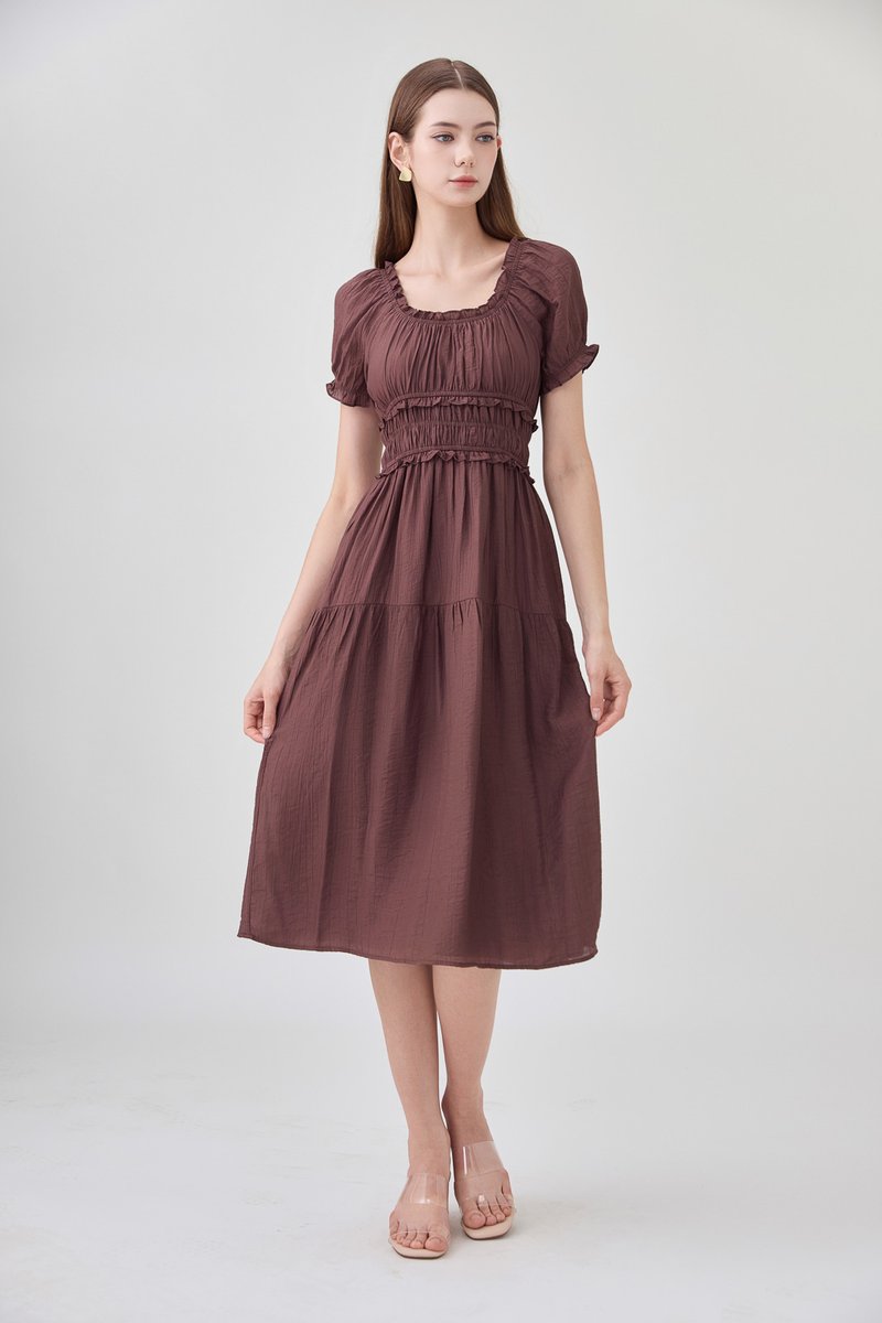 Gabriella Smocked Midi Dress In Chocolate Brown