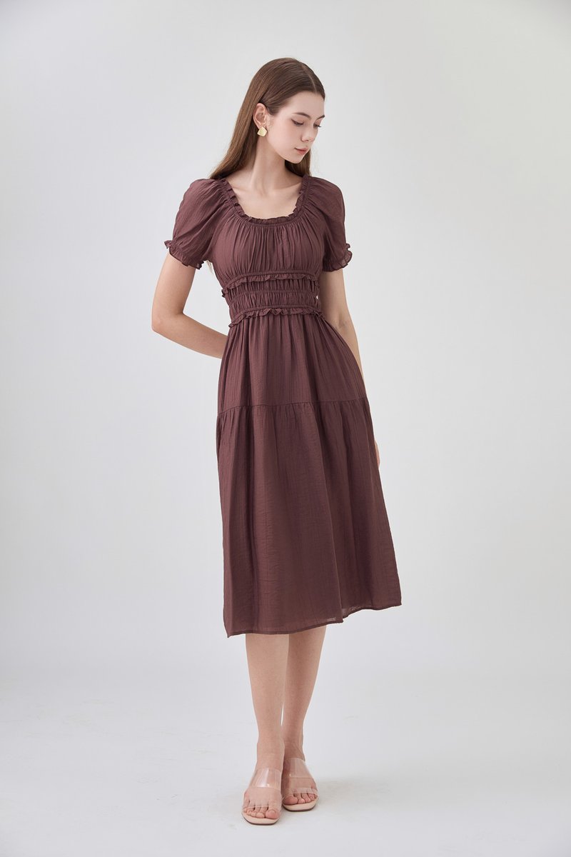 Gabriella Smocked Midi Dress In Chocolate Brown