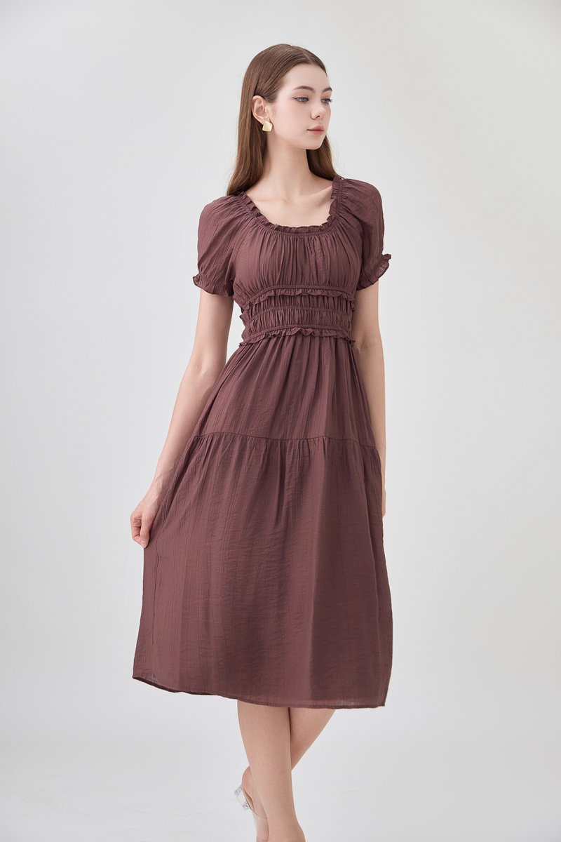 Gabriella Smocked Midi Dress In Chocolate Brown